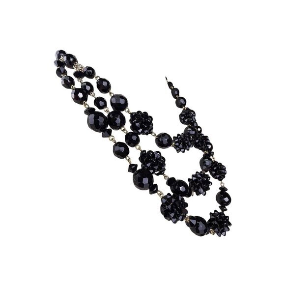 Vintage Multistrand Black Faceted Beaded Necklace Elegant Gold Tone Hook Closure - Picture 3 of 4